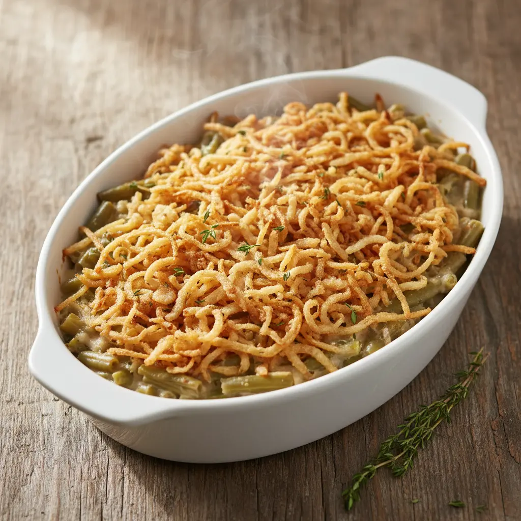 green bean casserole recipe with golden crispy onion topping