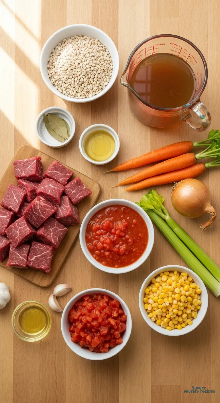 amish beef barley soup - all ingredients displayed