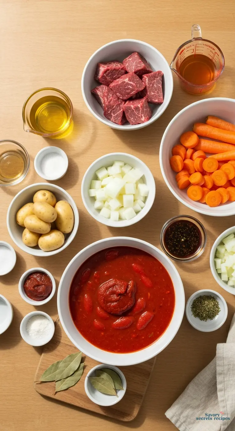 beef stew recipe with tomato soup - all ingredients displayed