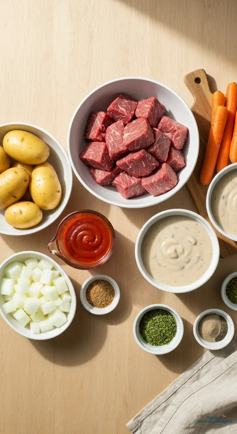 beef stew meat cream of mushroom soup - all ingredients displayed