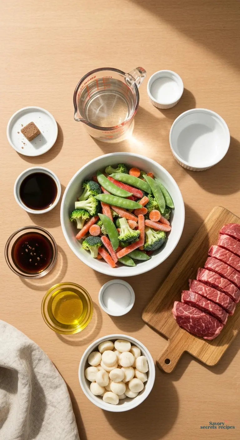 beef stir fry using frozen vegetables - all ingredients displayed