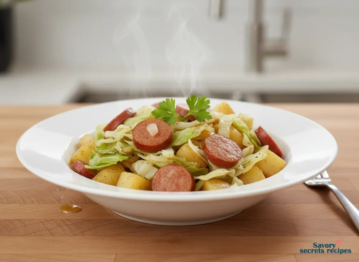 boiled cabbage and potatoes and sausage final dish