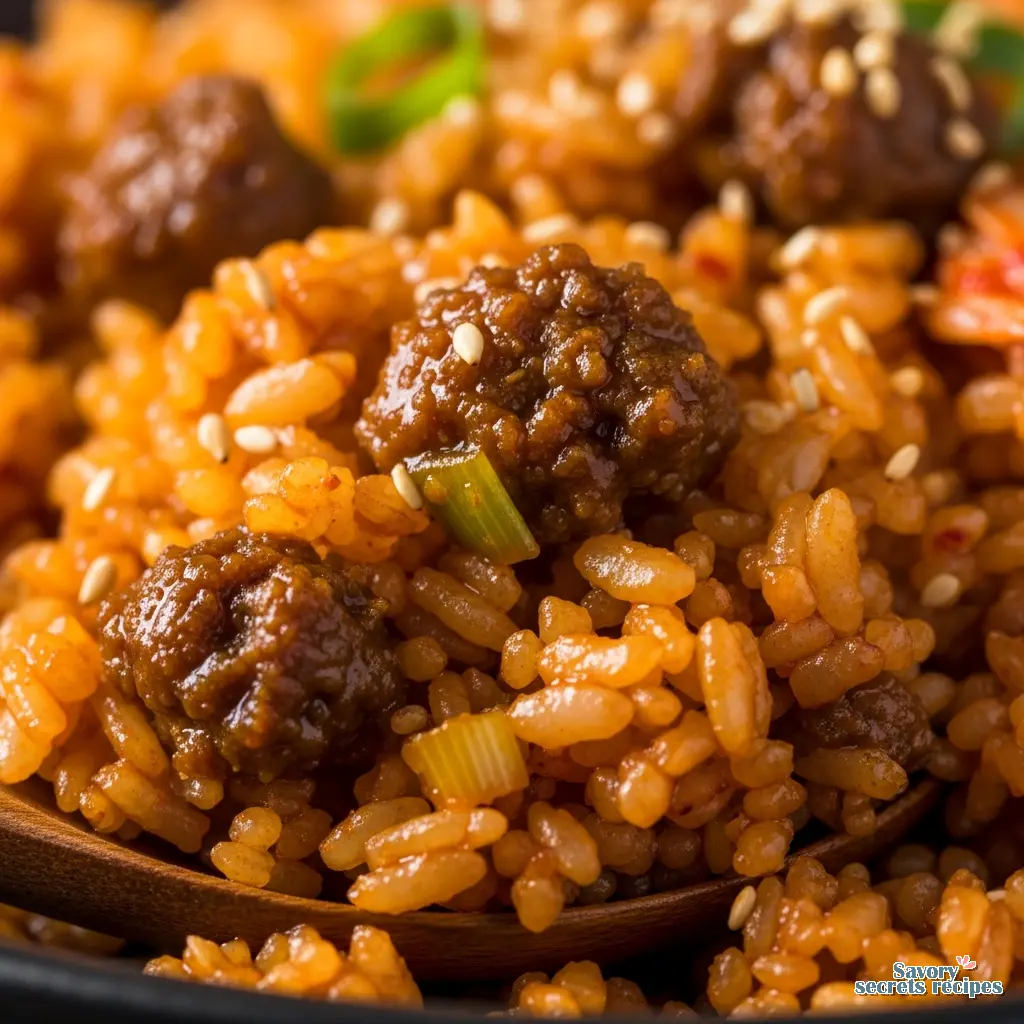 ground beef fried rice korean close up