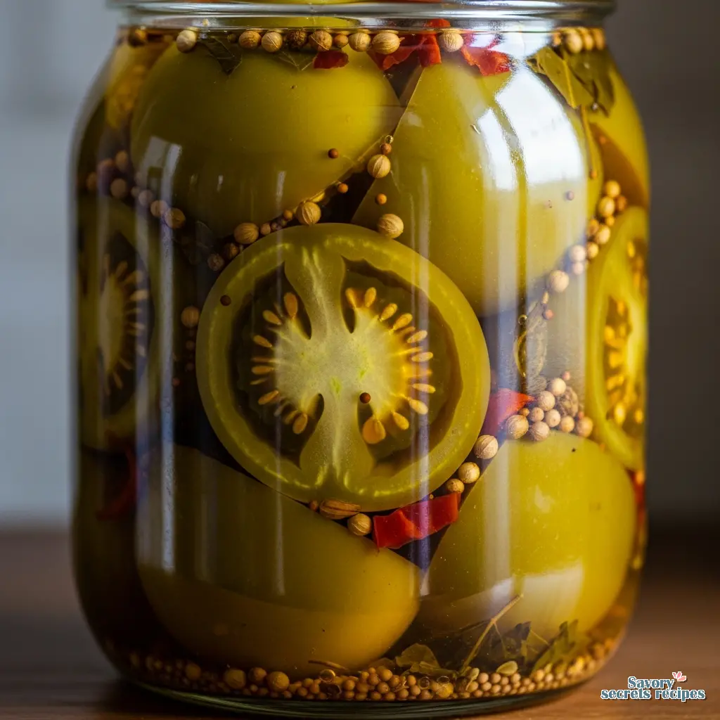 hot pickled green tomatoes close up