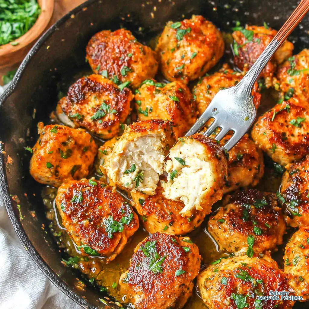 15 minute skillet garlic butter chicken bites close up