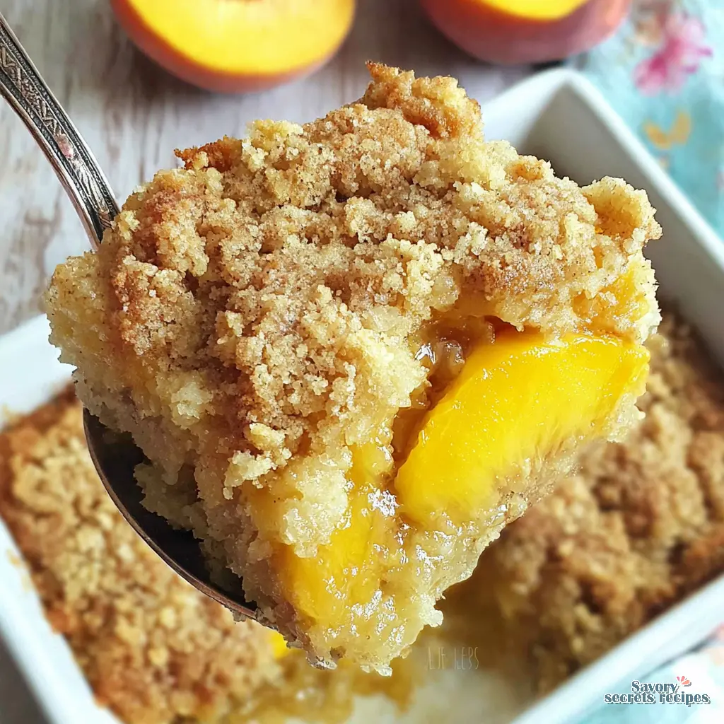 3-ingredient peach cobbler dump cake with sprite close up