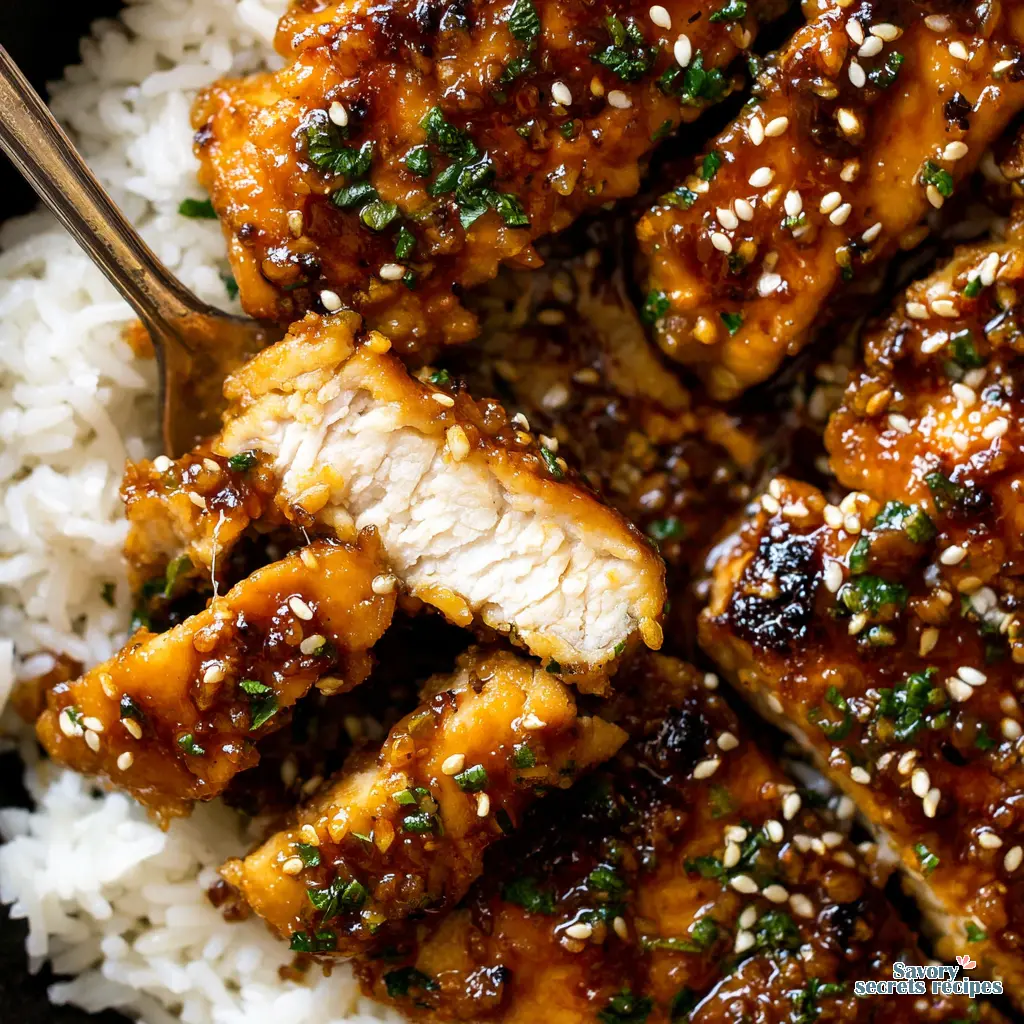 5 ingredient honey garlic chicken and rice close up