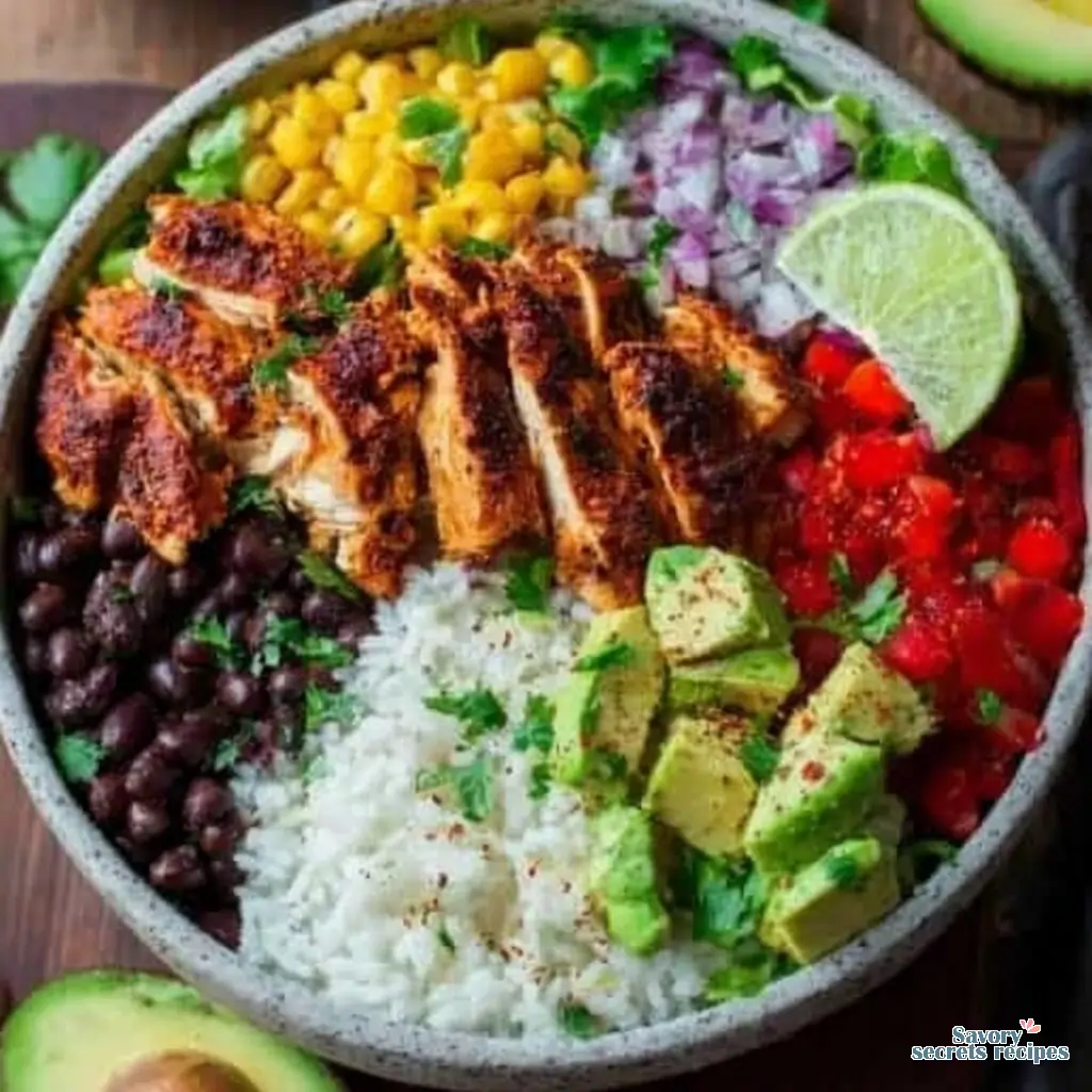 air fryer chicken burrito bowls close up