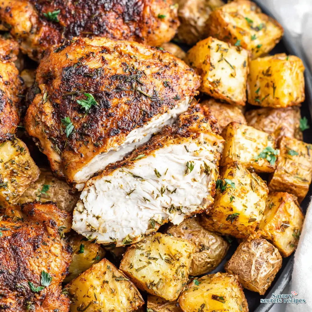 air fryer chicken thighs and potatoes close up