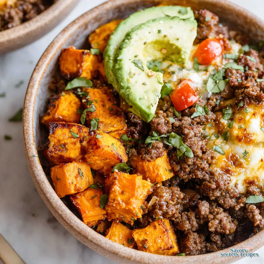 air fryer hot honey ground beef bowls close up