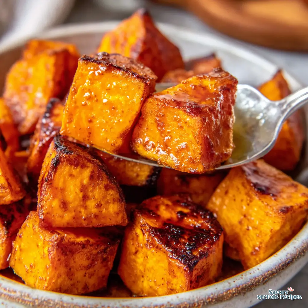 air fryer sweet potato cubes with cinnamon and brown sugar final presentation