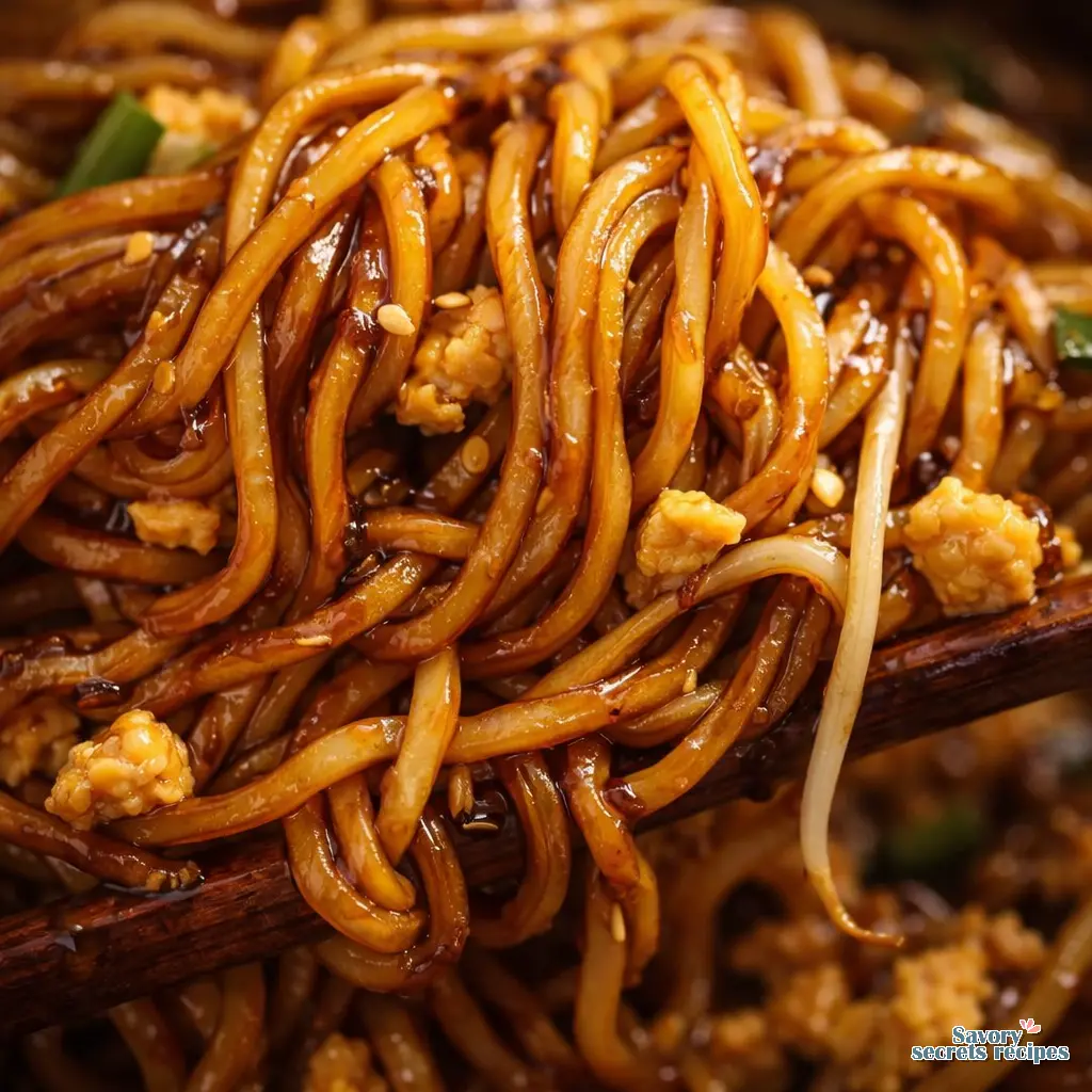 authentic chinese egg fried noodles close up