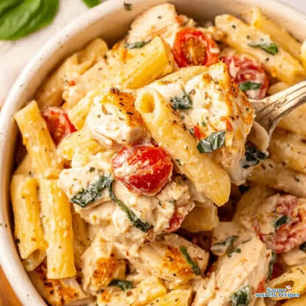 baked feta pasta with chicken close up