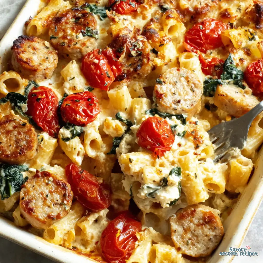 baked feta pasta with chicken sausage close up