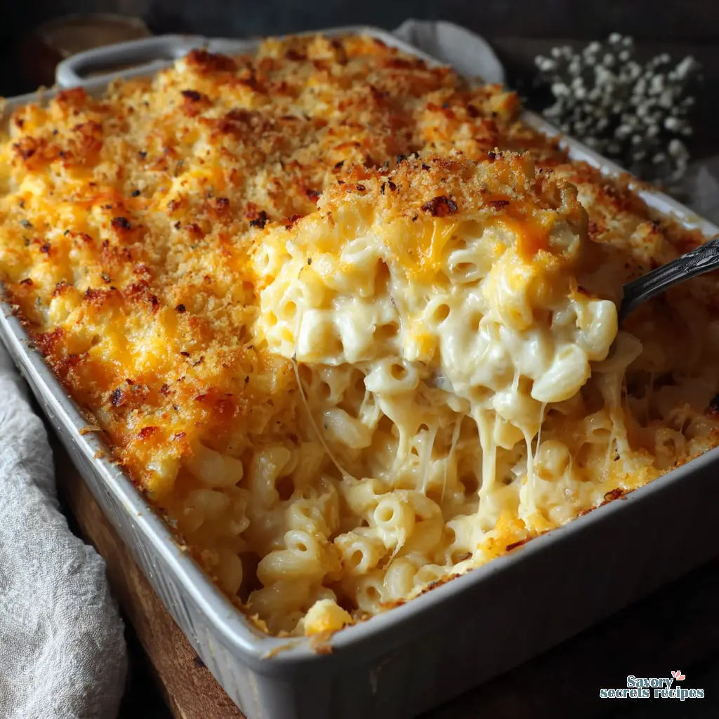 baked mac and cheese for a crowd close up