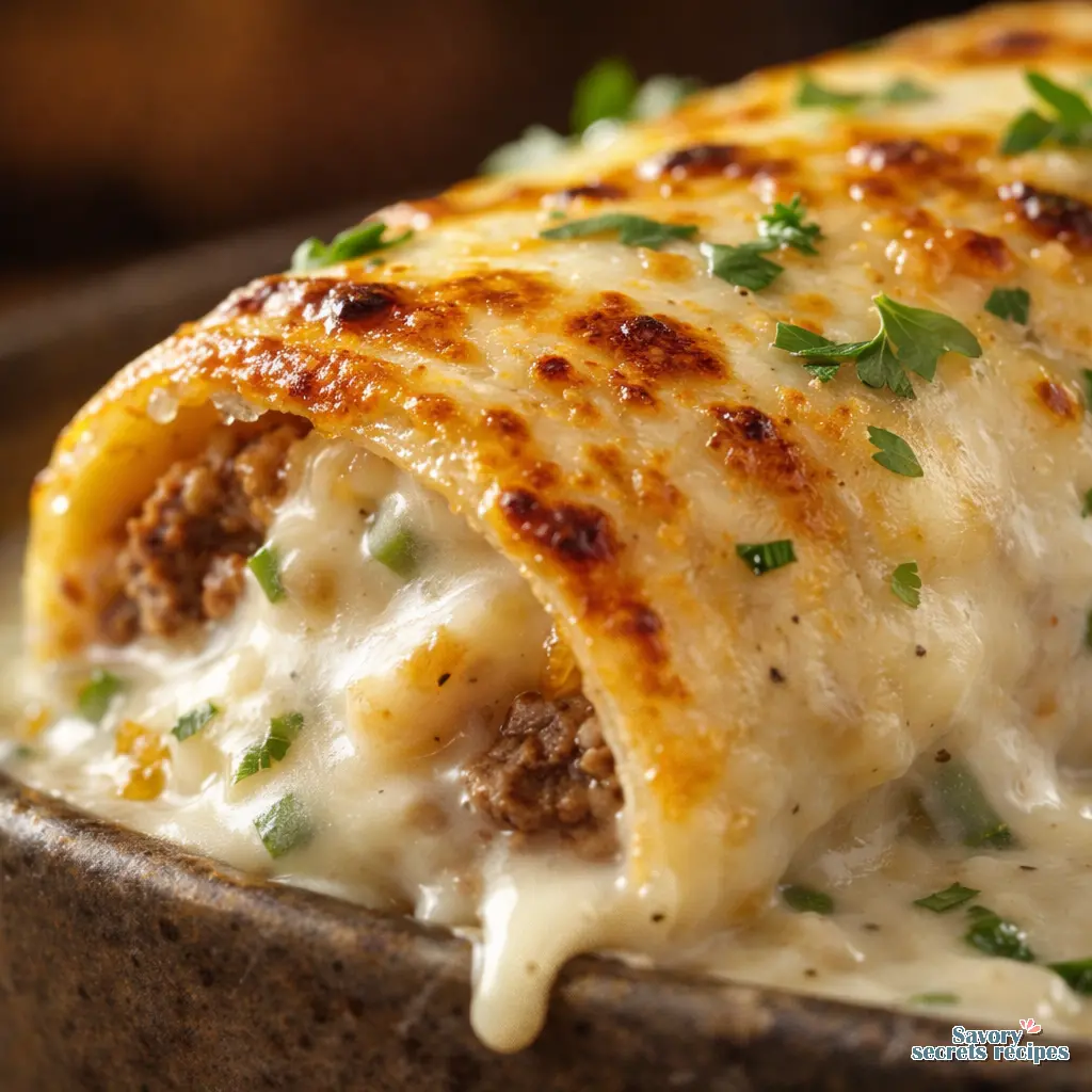 beef enchiladas with white sauce close up