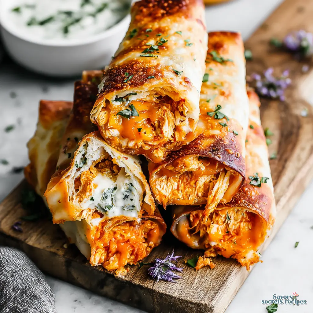 buffalo chicken dip egg rolls close up