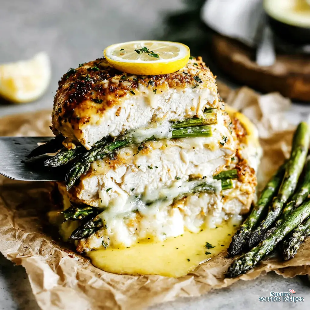 cheesy lemon chicken asparagus bake close up