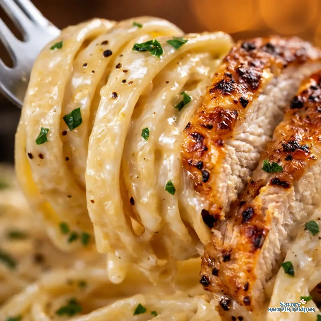 chicken alfredo pasta close up