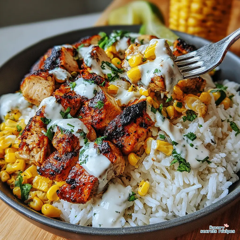 chicken street corn rice bowl recipe close up