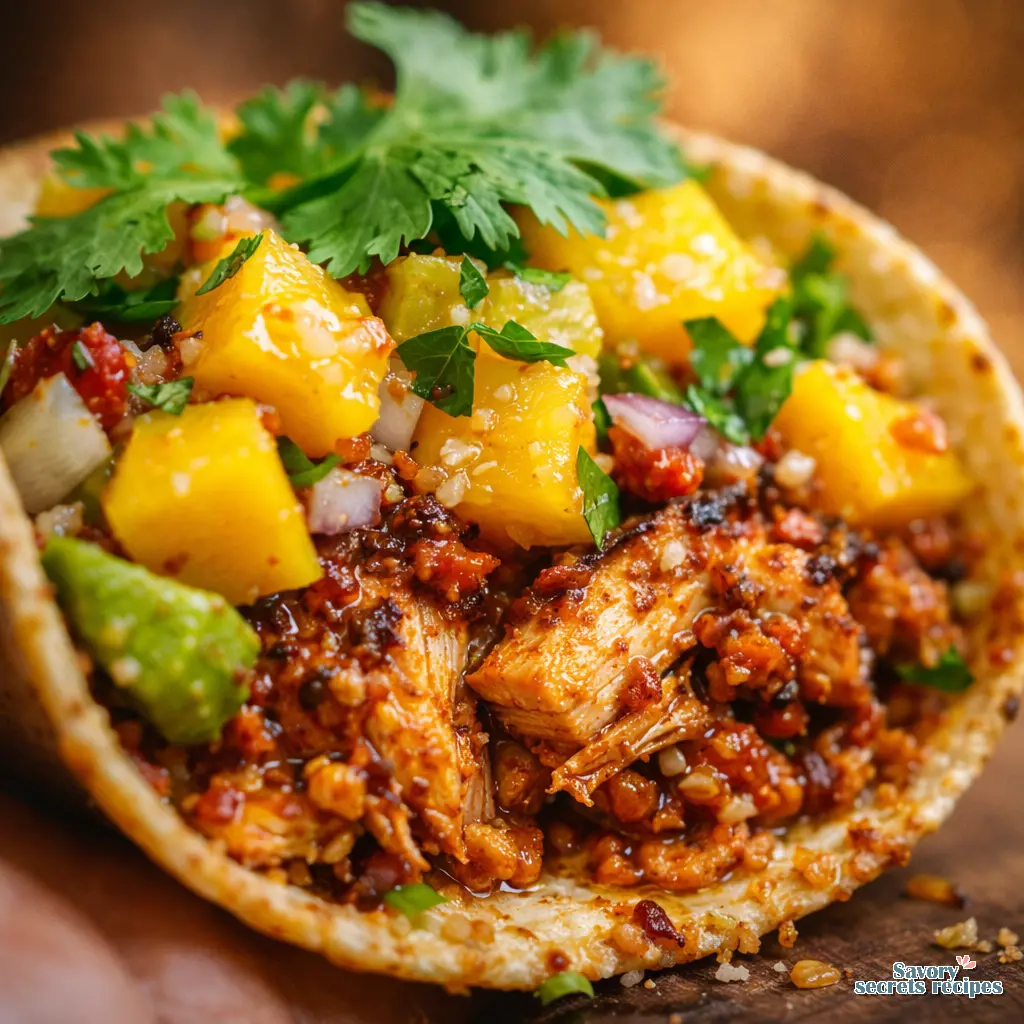 chicken tacos with mango salsa close up
