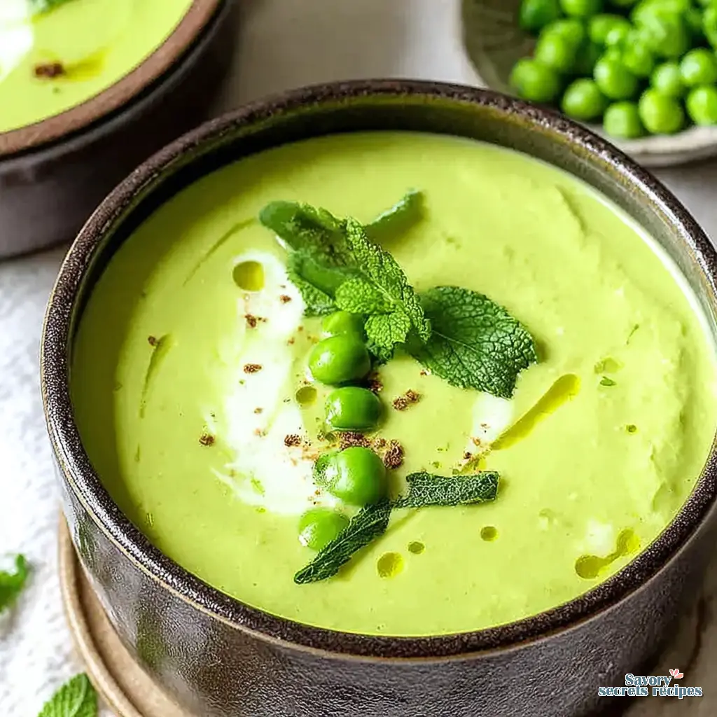 chilled pea and mint soup close up
