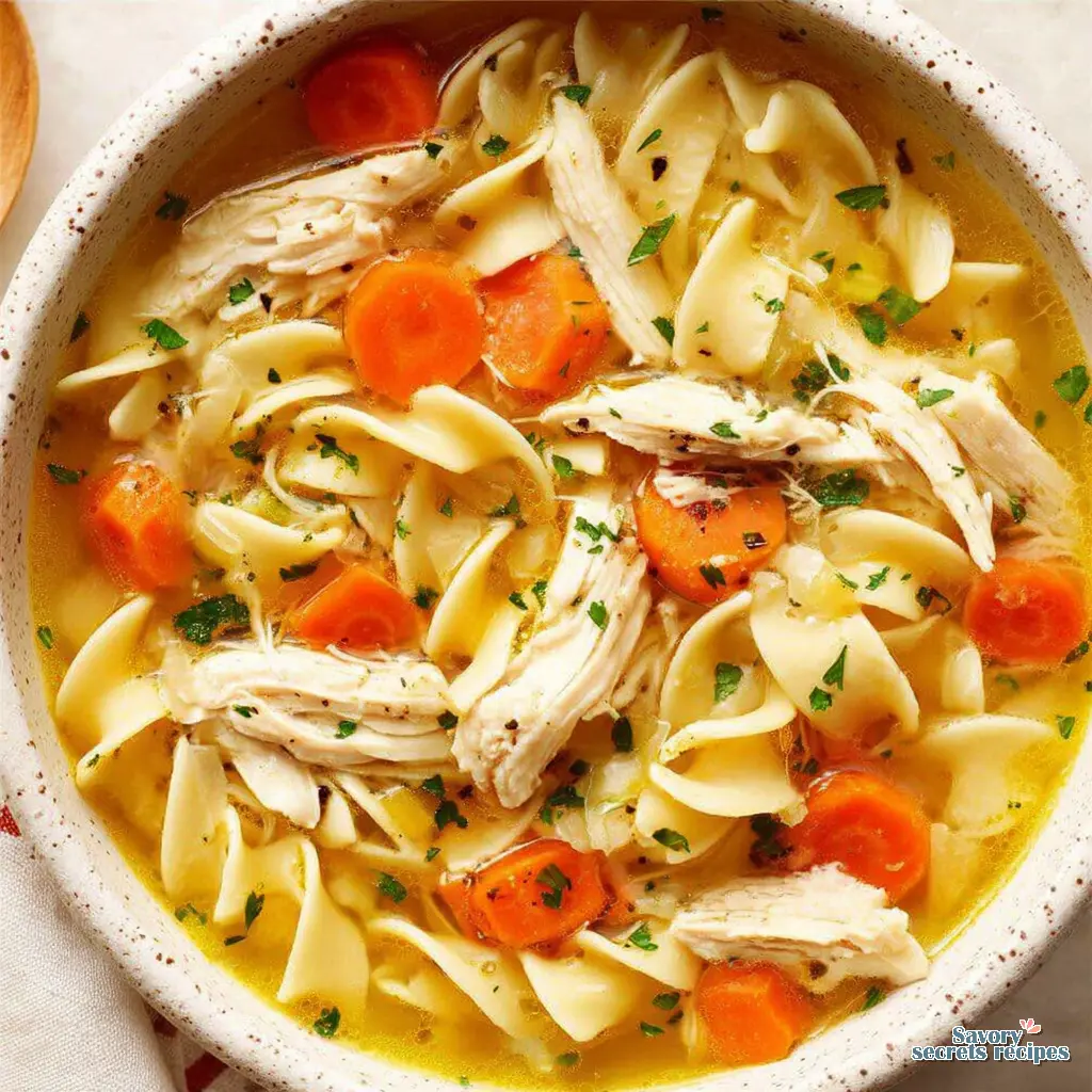 classic chicken noodle soup close up