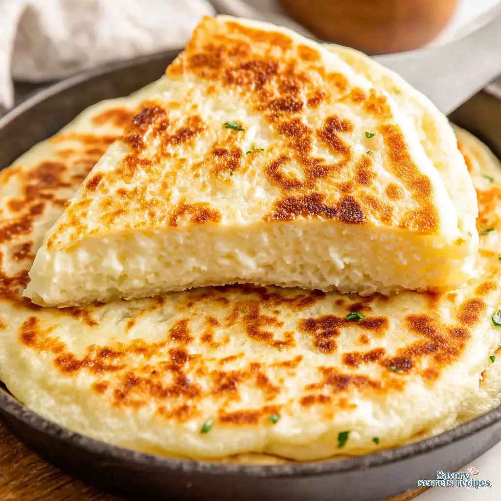 cottage cheese flatbread in frying pan close up