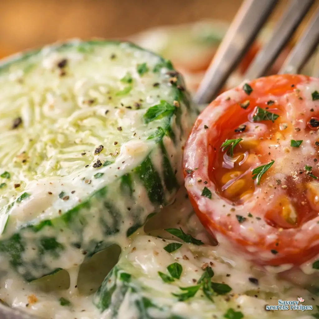 creamy cucumber tomato salad close up