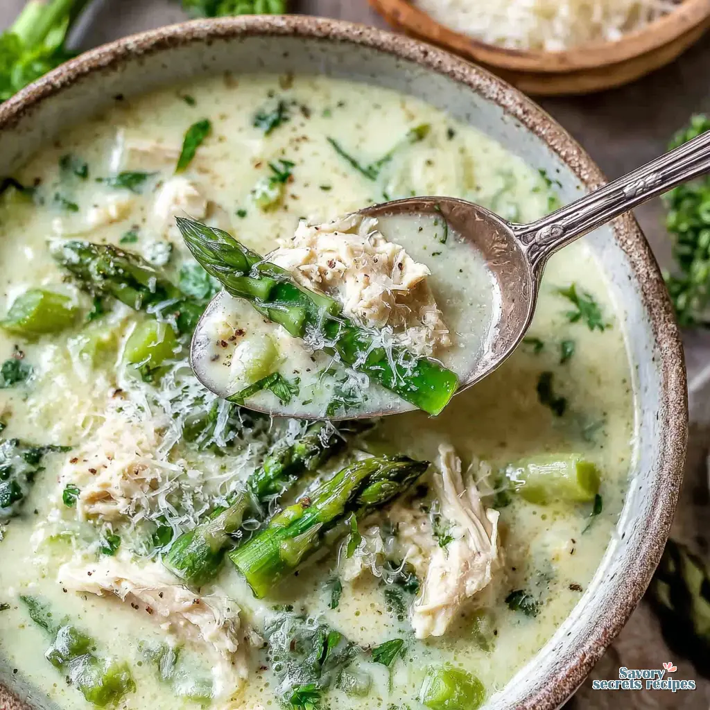 creamy lemon chicken asparagus soup close up