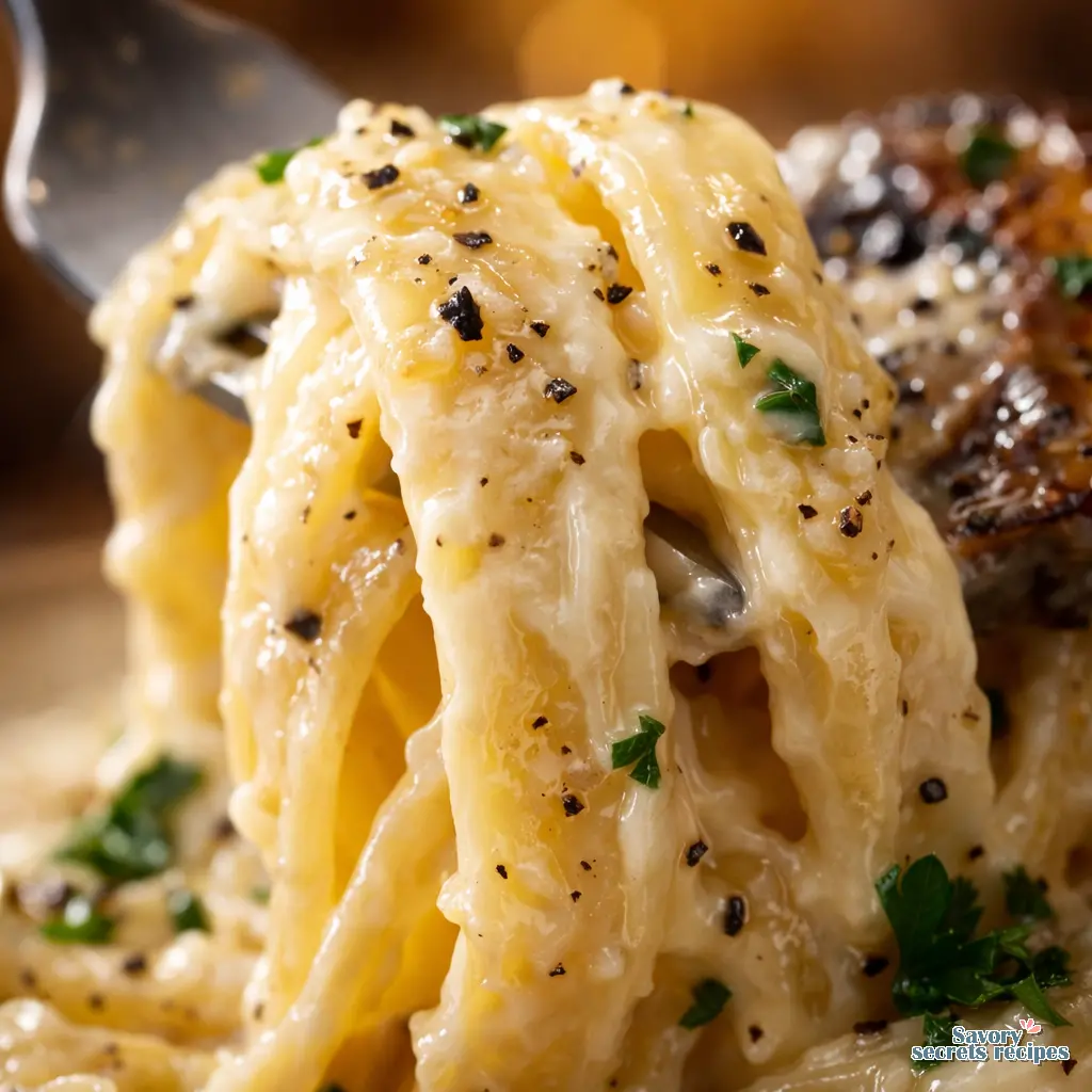 creamy mushroom pasta close up