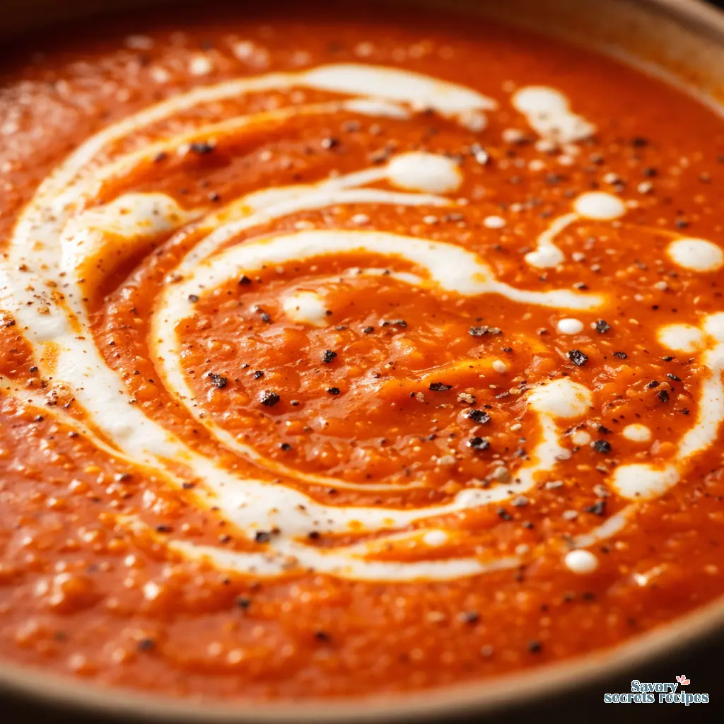 creamy tomato soup with canned tomatoes close up
