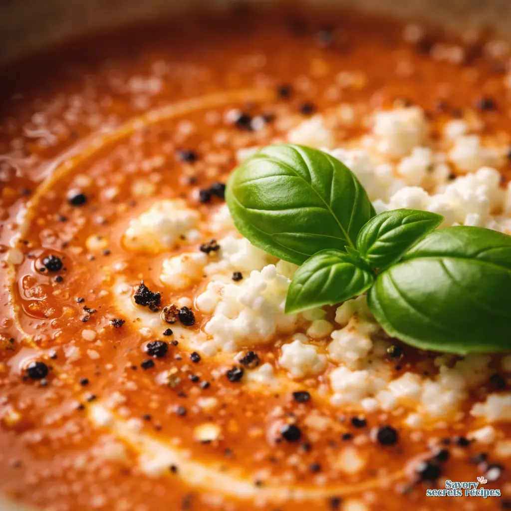 creamy tomato soup with cottage cheese close up