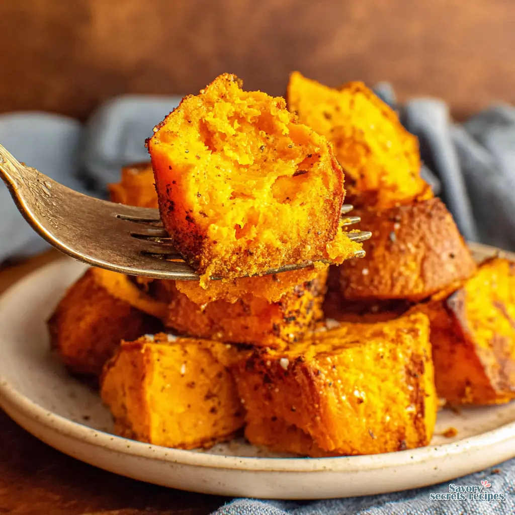 crispy air fryer sweet potato cubes close up