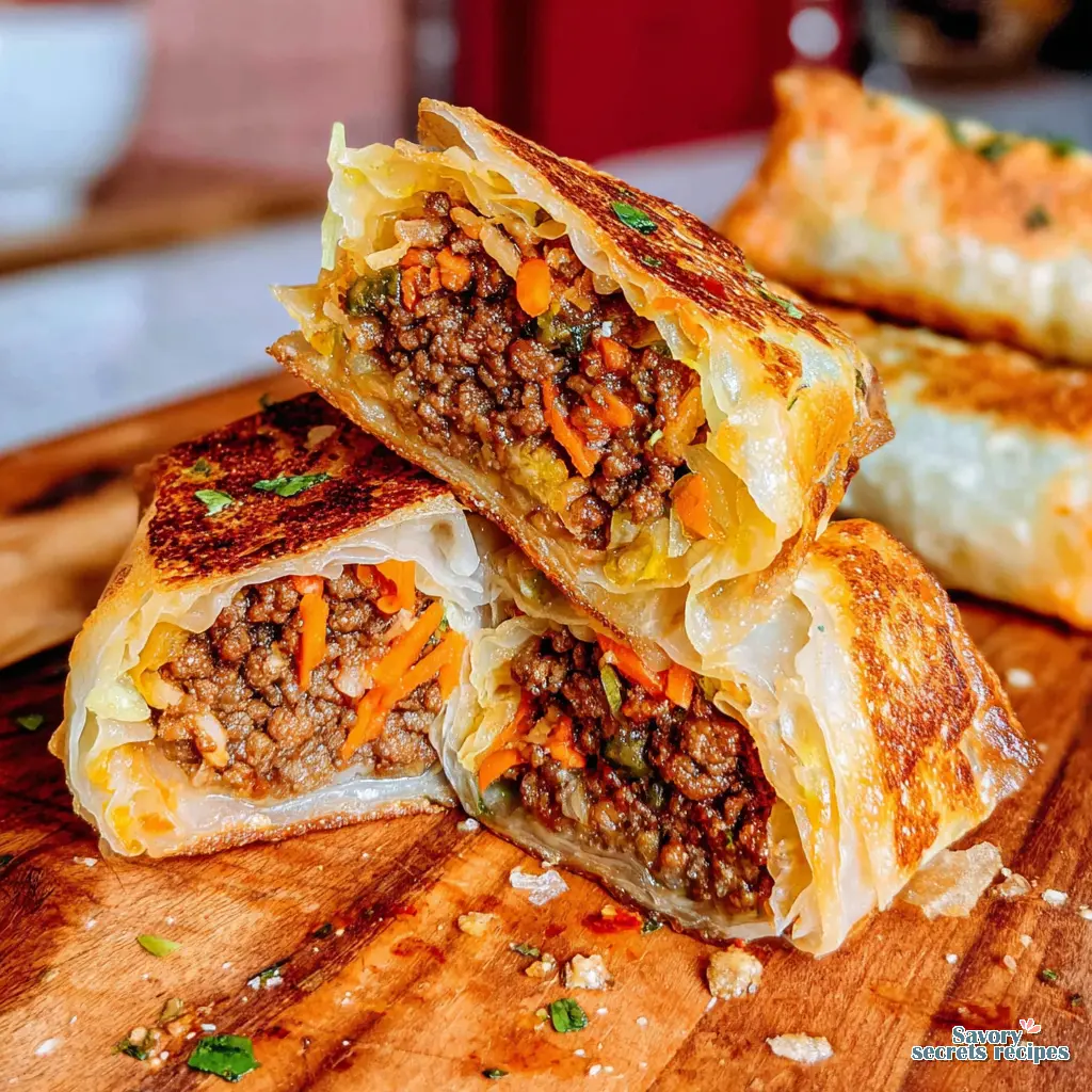 crispy beef rice paper dumplings close up