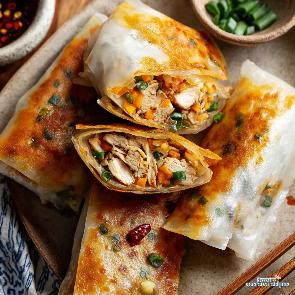 crispy chicken rice paper dumplings close up