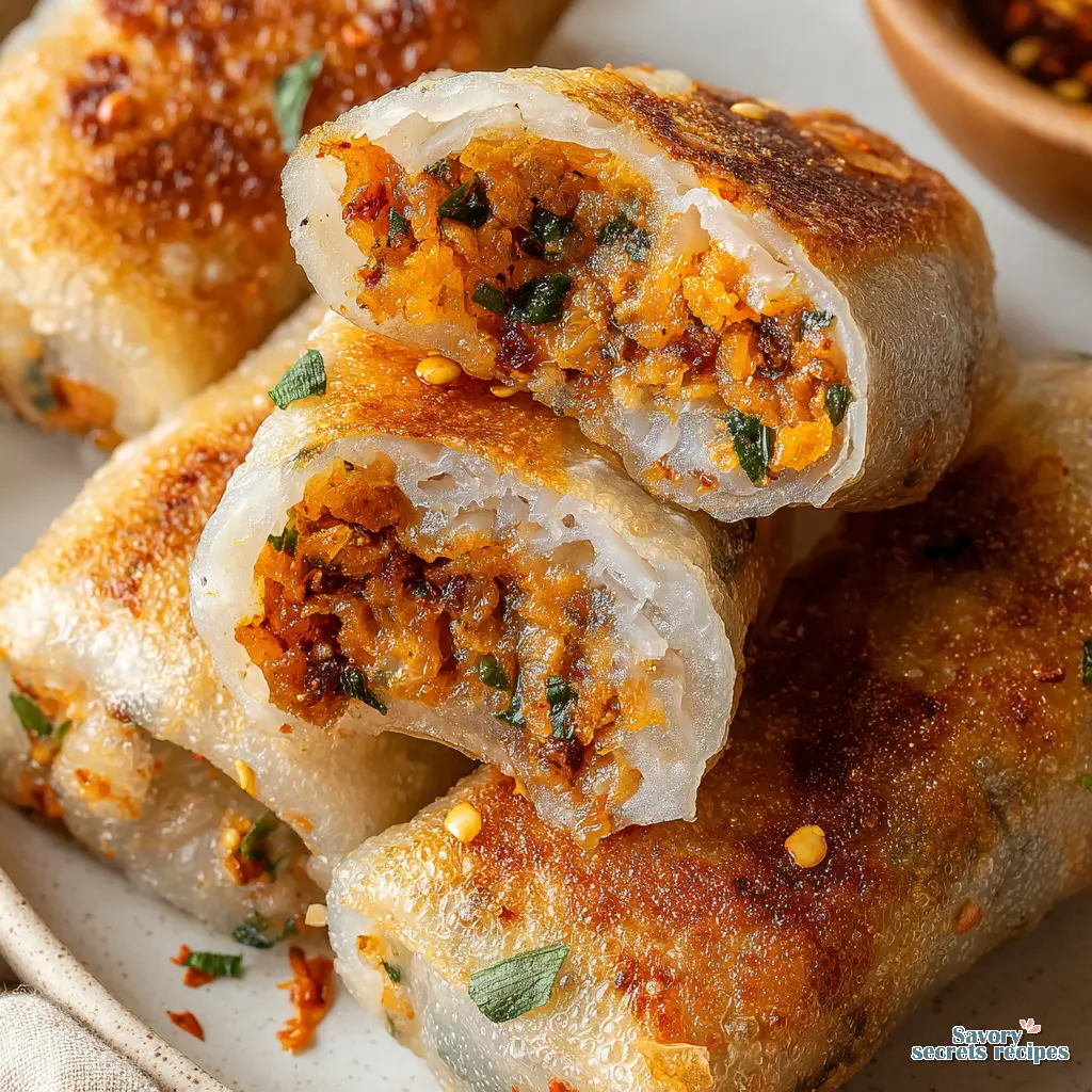 crispy kimchi rice paper dumplings close up