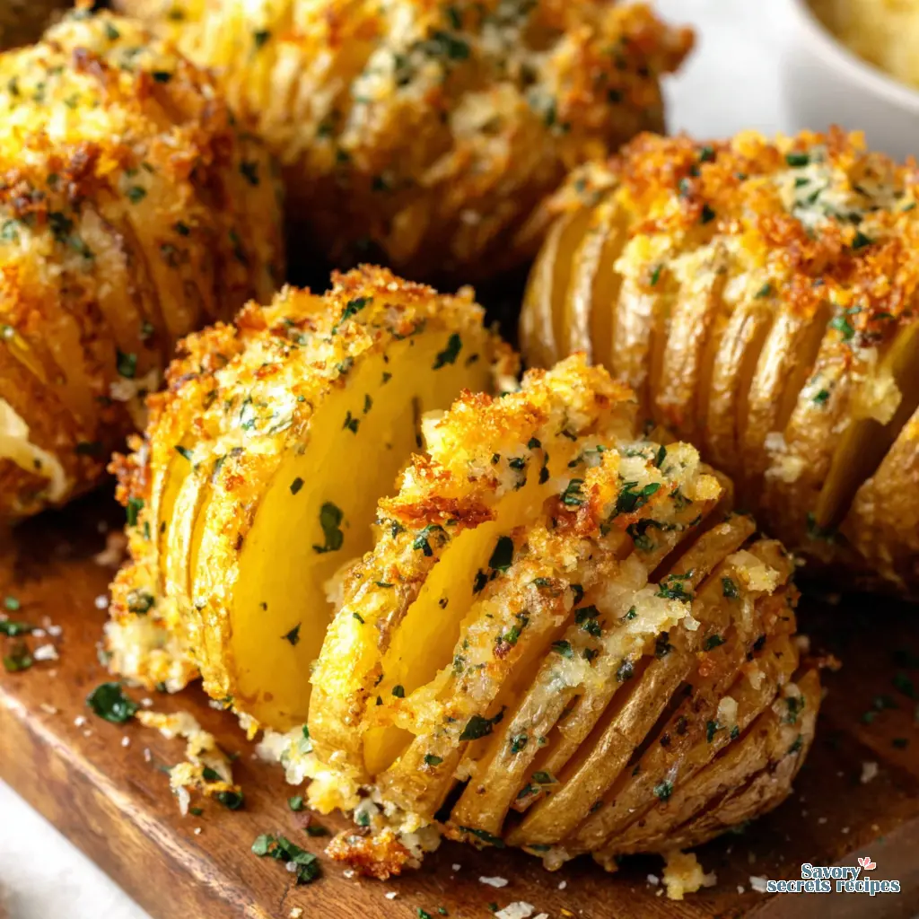 crispy parmesan hasselback potatoes close up