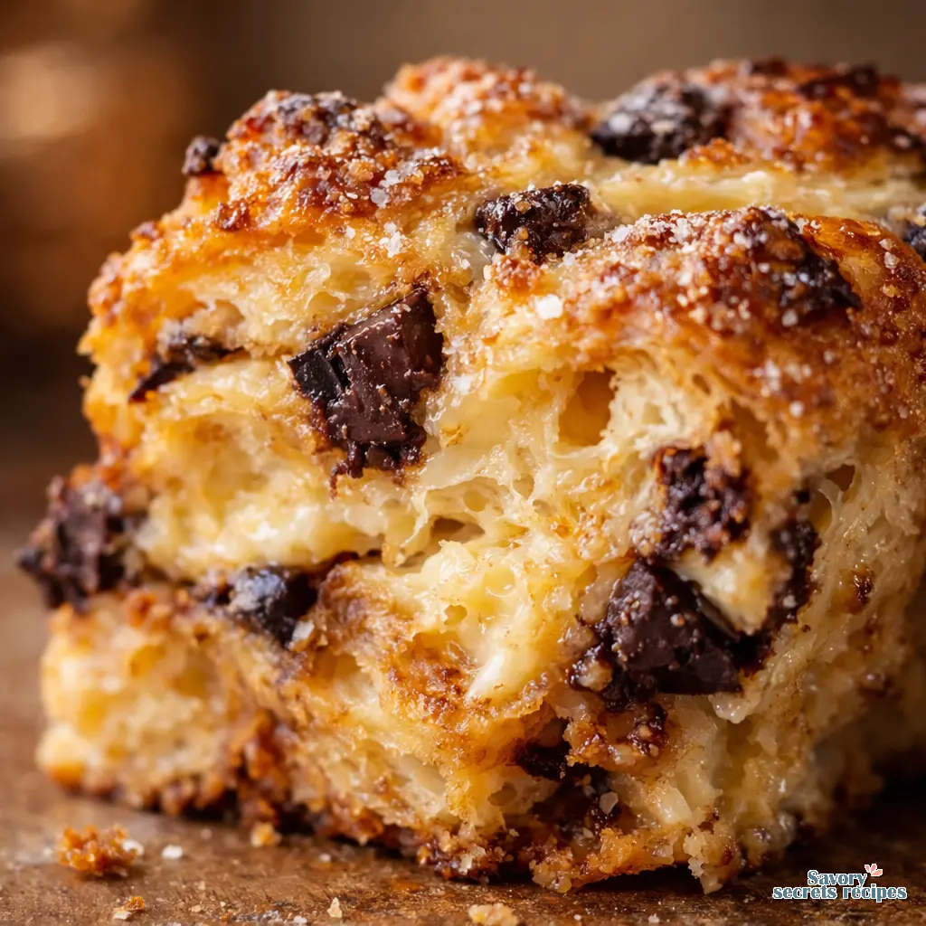 croissant bread pudding with chocolate chips close up