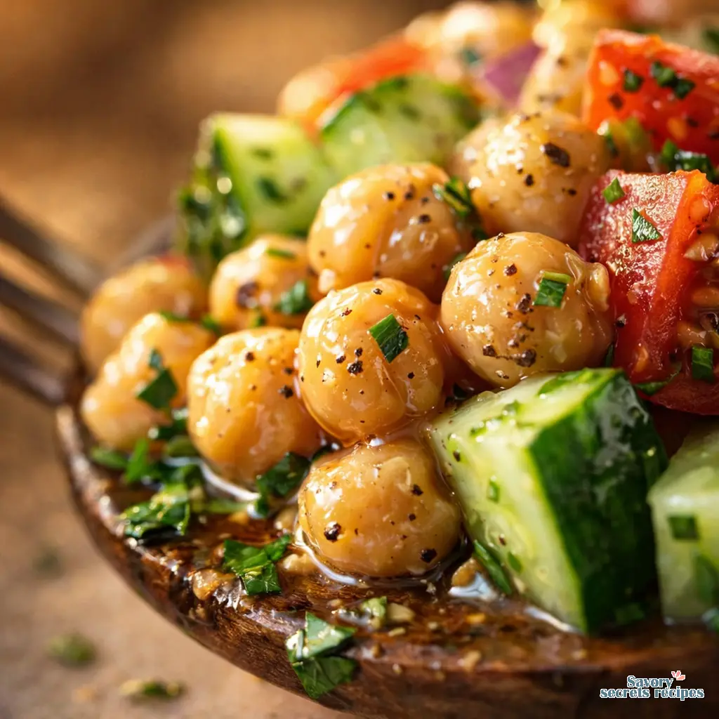 cucumber tomato chickpea salad close up