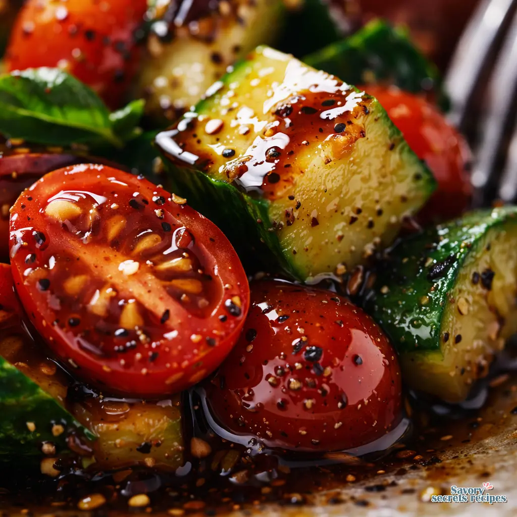 cucumber tomato salad with balsamic vinegar close up