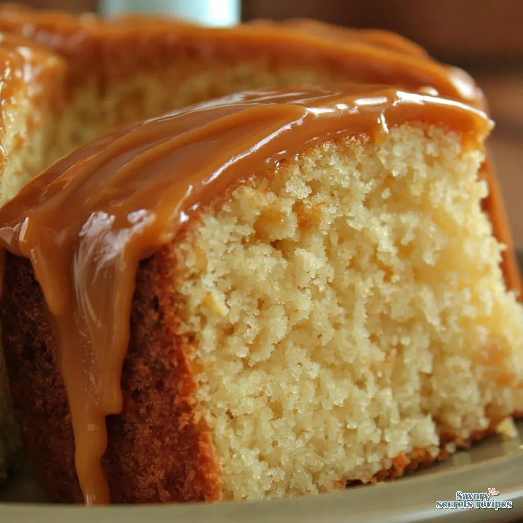 easy caramel cake from box mix close up