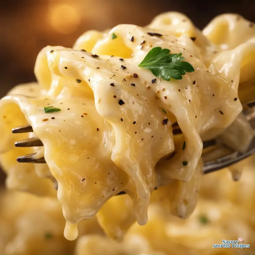 egg noodles and alfredo sauce close up