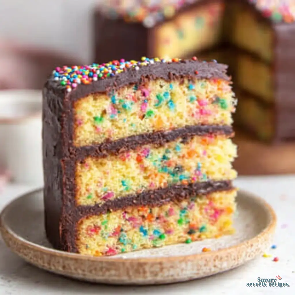 funfetti birthday cake with chocolate frosting close up