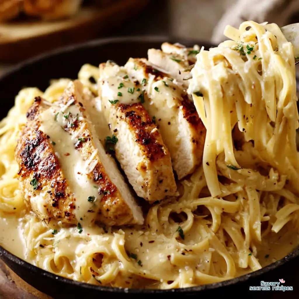 garlic butter chicken bites with creamy parmesan pasta close up