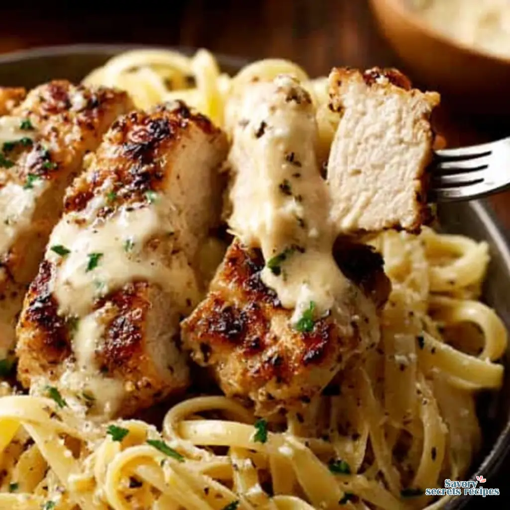 garlic butter chicken bites with creamy parmesan pasta final presentation