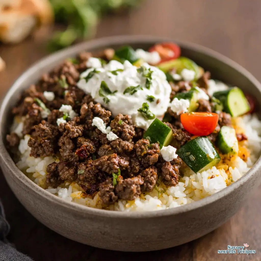 greek ground beef rice bowl close up