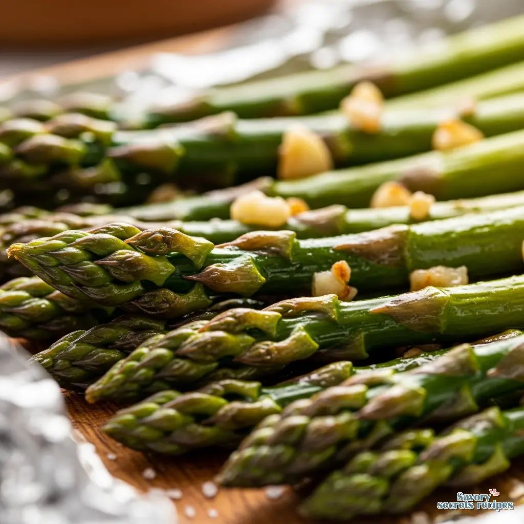 grilled asparagus in foil close up