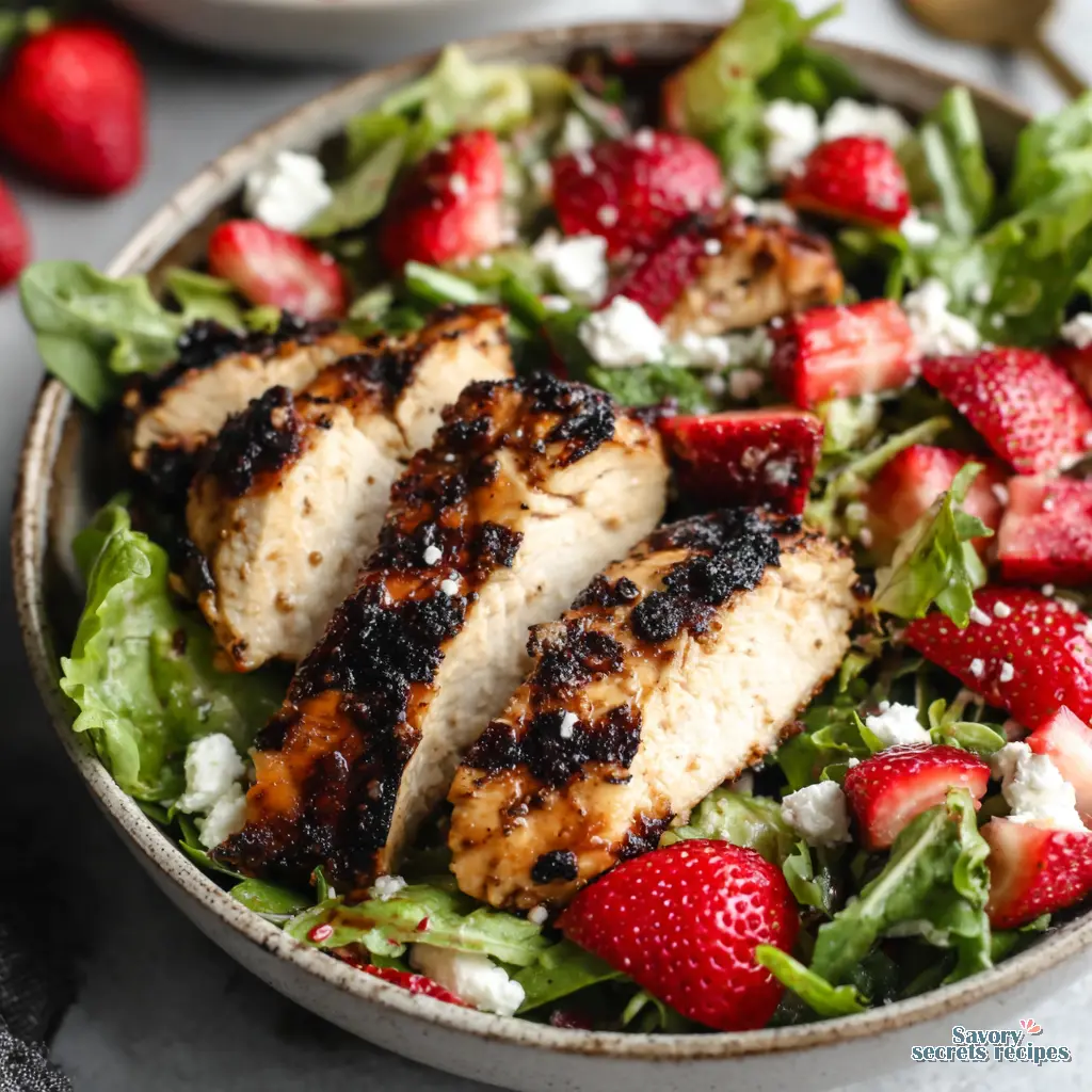 grilled chicken strawberry salad close up