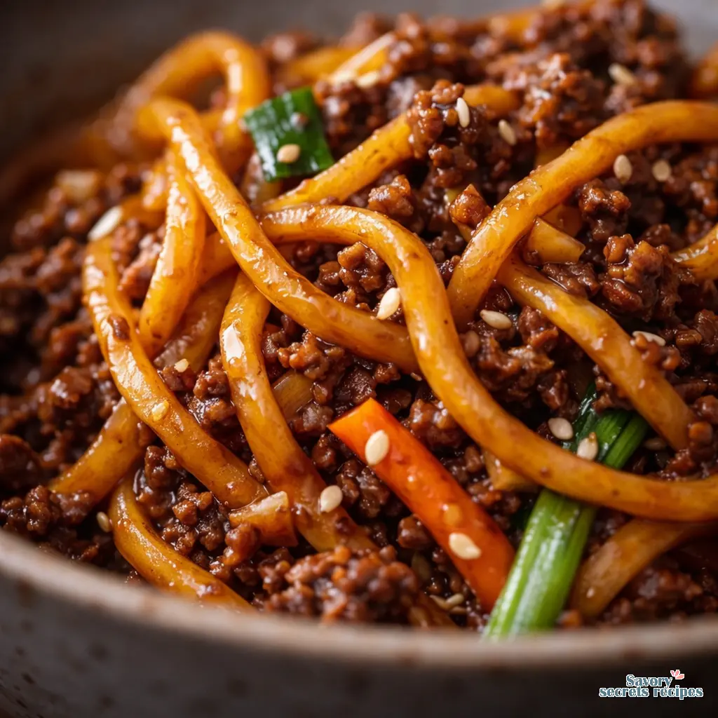 ground beef egg noodle stir fry close up